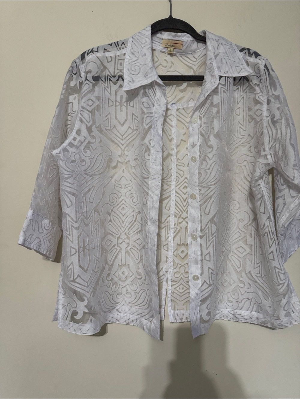 Choies White Sheer Patterned Button-Down Shirt